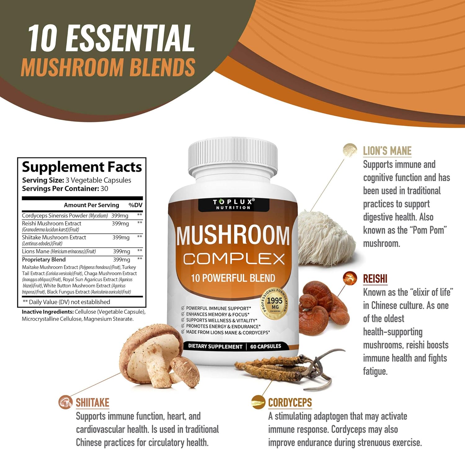 Organic Mushroom Supplement Blend for Immune Support, Memory, Focus, Energy - Lions Mane, Cordyceps, Reishi, Chaga - 60 Capsules