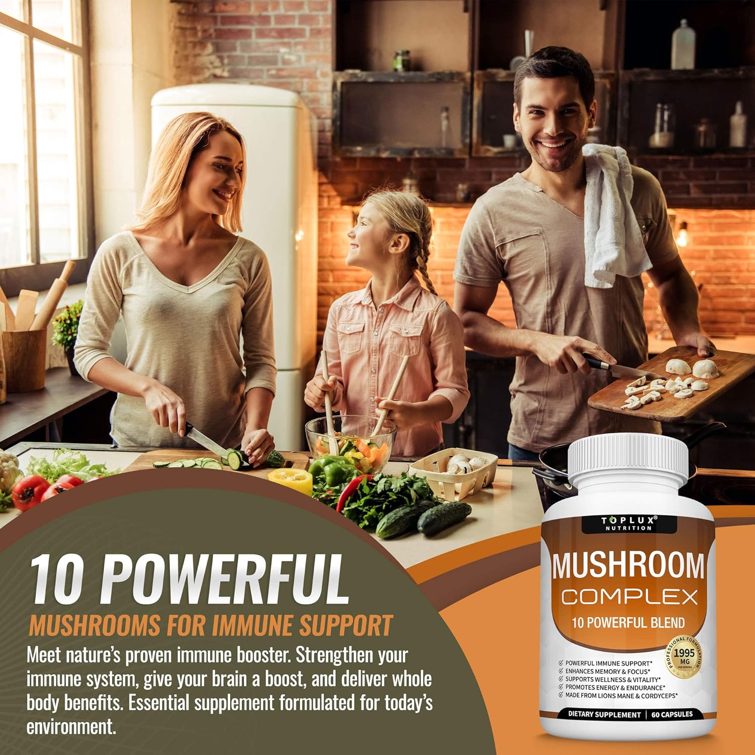 Organic Mushroom Supplement Blend for Immune Support, Memory, Focus, Energy - Lions Mane, Cordyceps, Reishi, Chaga - 60 Capsules