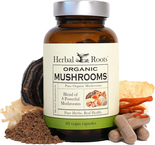 Organic Mushroom Supplement Capsules with 8 Herbal Roots | Turkey Tail, Lion's Mane, Shiitake, Cordyceps, Reishi, Chaga, Maitake, Snow | 60 Vegan Capsules