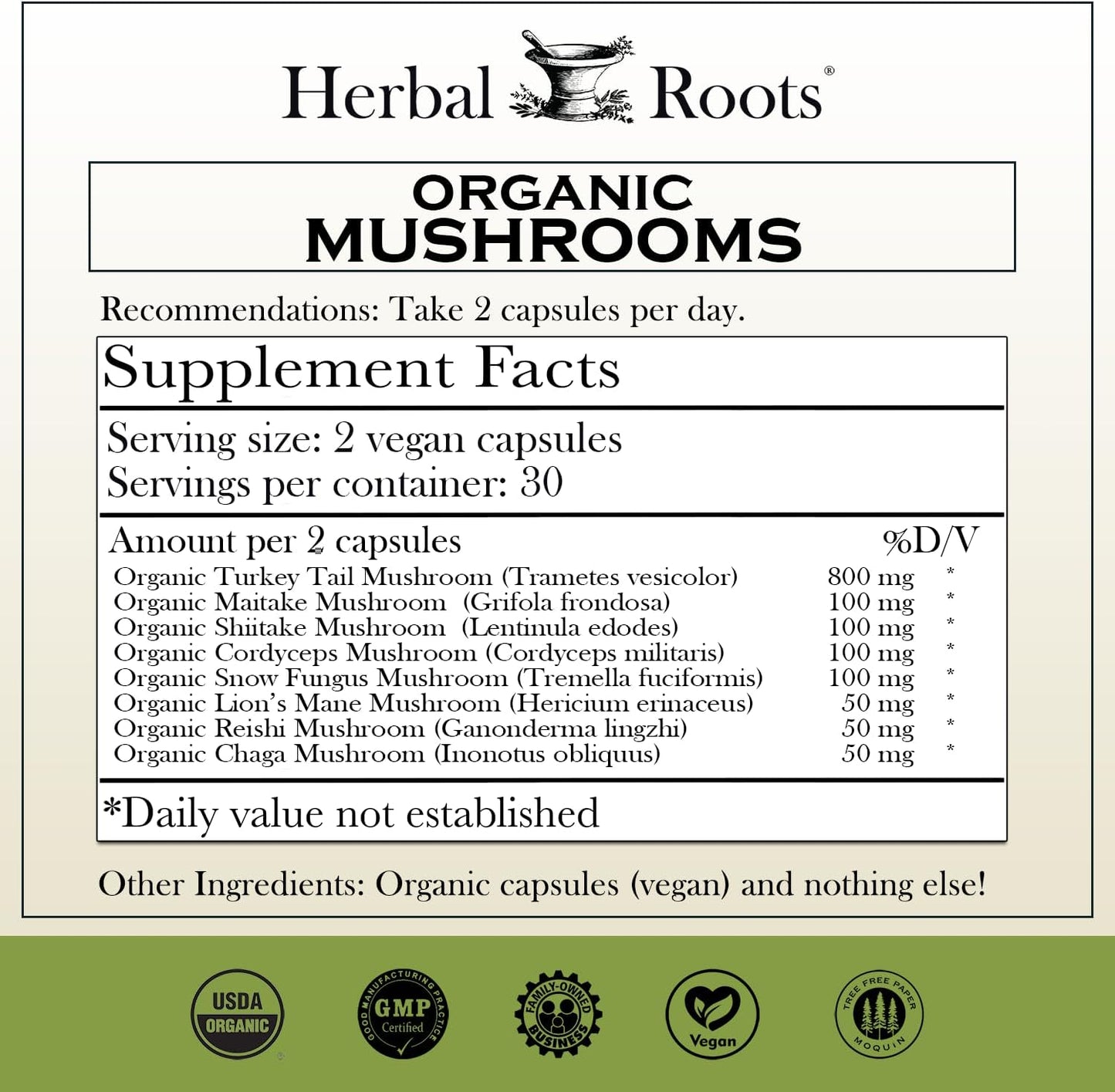 Organic Mushroom Supplement Capsules with 8 Herbal Roots | Turkey Tail, Lion's Mane, Shiitake, Cordyceps, Reishi, Chaga, Maitake, Snow | 60 Vegan Capsules