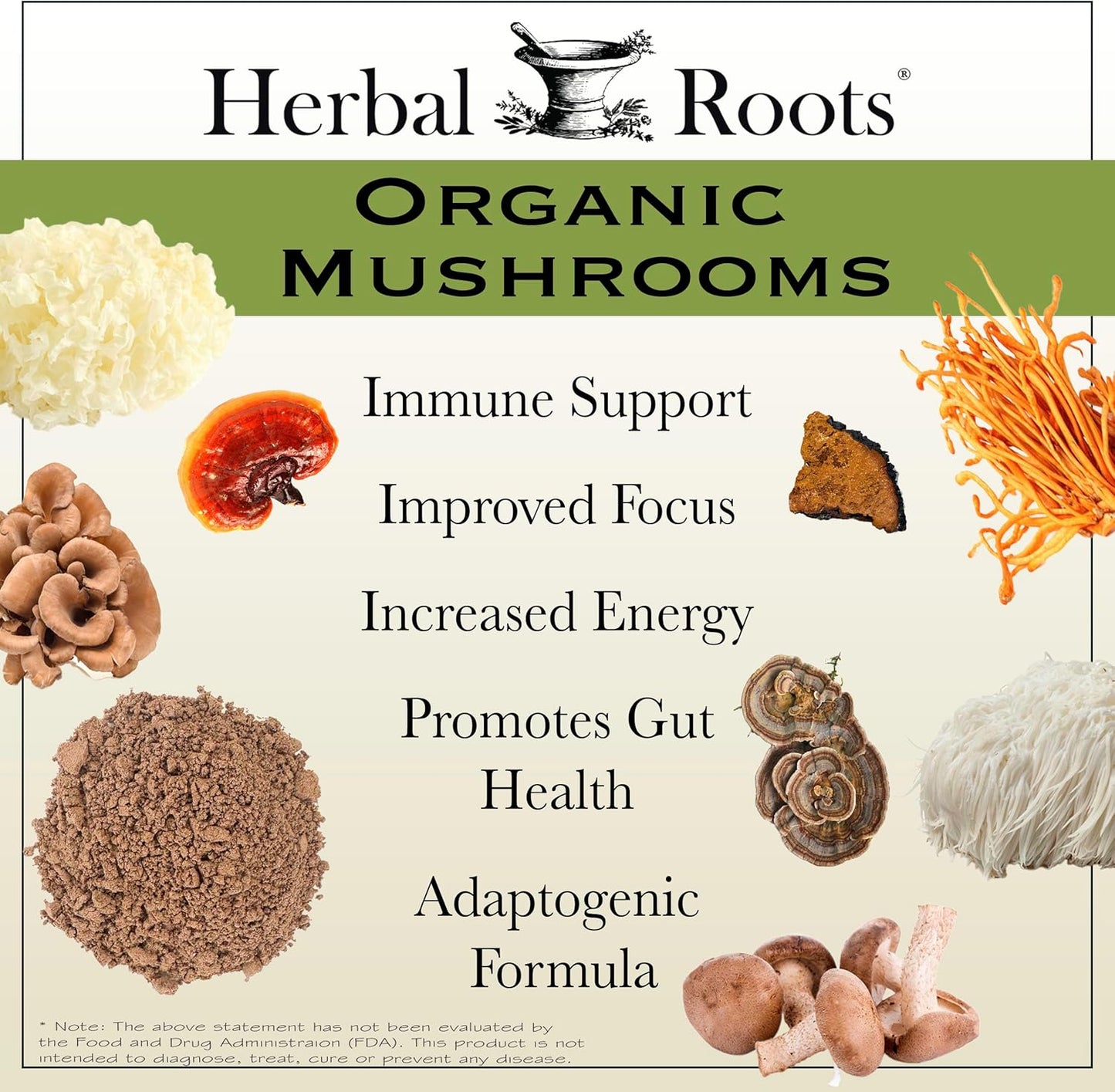 Organic Mushroom Supplement Capsules with 8 Herbal Roots | Turkey Tail, Lion's Mane, Shiitake, Cordyceps, Reishi, Chaga, Maitake, Snow | 60 Vegan Capsules