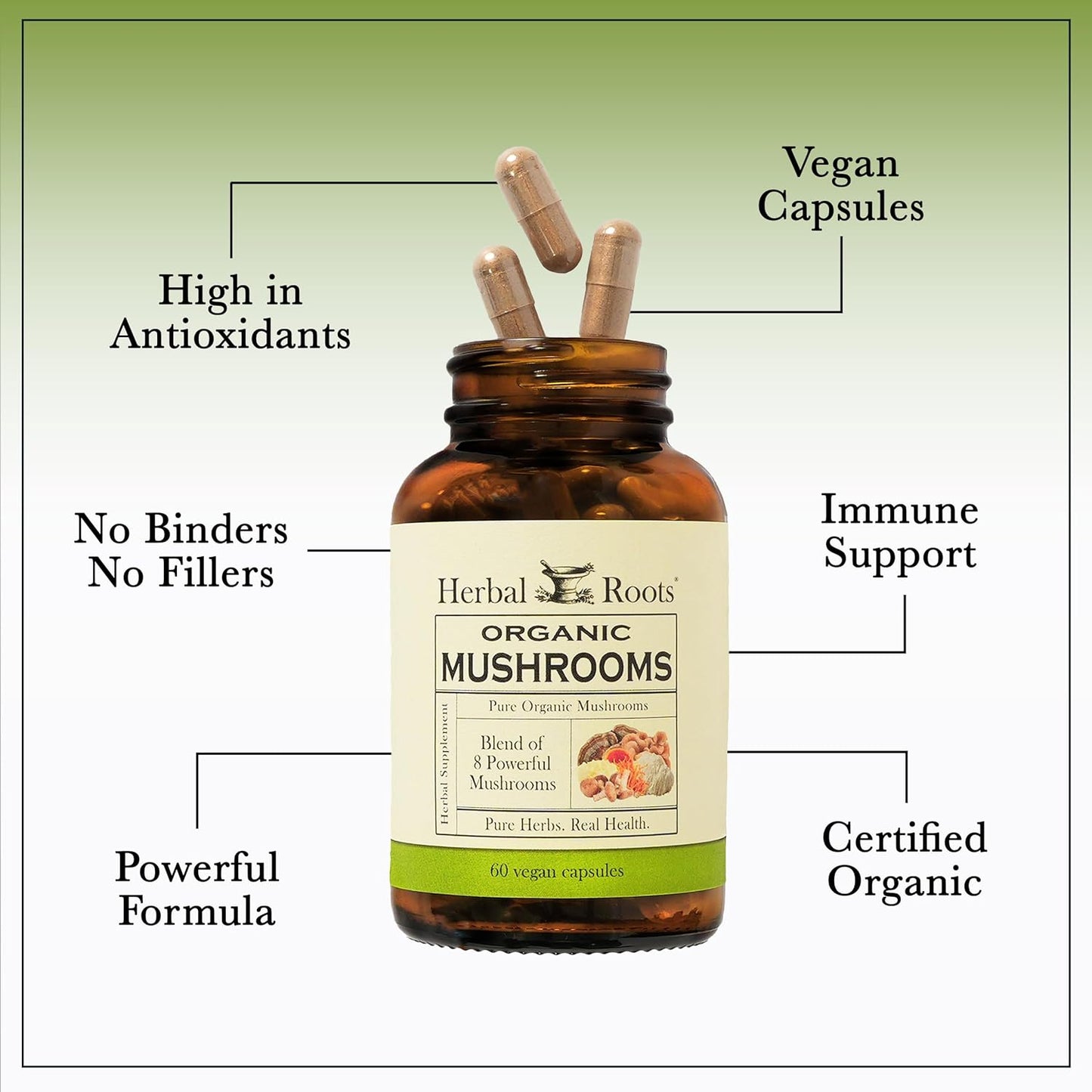 Organic Mushroom Supplement Capsules with 8 Herbal Roots | Turkey Tail, Lion's Mane, Shiitake, Cordyceps, Reishi, Chaga, Maitake, Snow | 60 Vegan Capsules