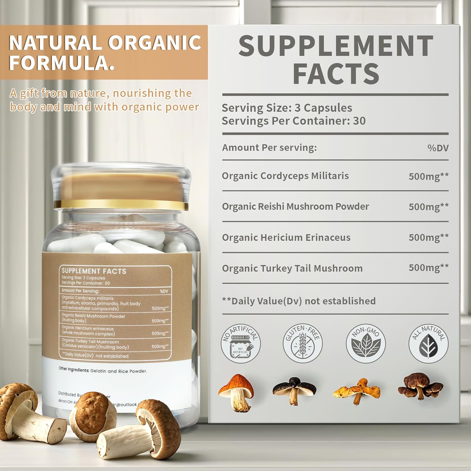 Organic Mushroom Supplement for Immune Boost, Memory, Focus & Energy - Lion's Mane, Reishi, Cordyceps, Turkey Tail - Brain Support - 2000mg, 90 Vegan Capsules with Capsule Box