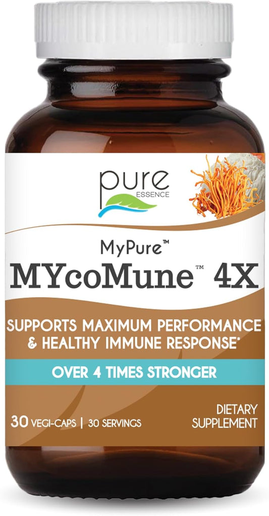 Organic Mushroom Supplement for Immune Support and Energy - Pure Essence Labs MycoMune 4X - Reishi, Lion's Mane, Cordyceps, Chaga, Shiitake, Maitake - 30 Capsules