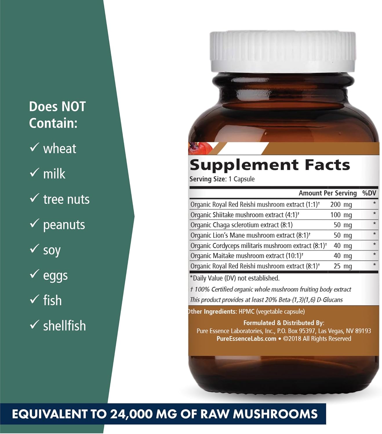 Organic Mushroom Supplement for Immune Support and Energy - Pure Essence Labs MycoMune 4X - Reishi, Lion's Mane, Cordyceps, Chaga, Shiitake, Maitake - 30 Capsules