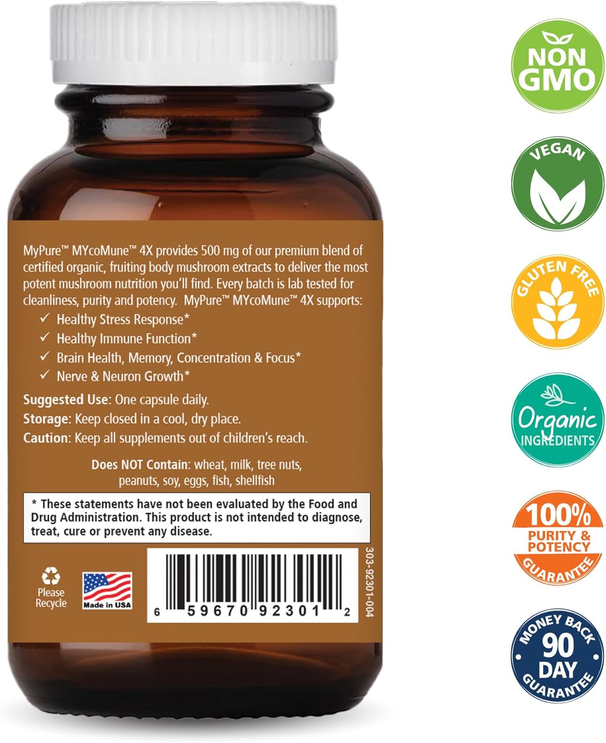 Organic Mushroom Supplement for Immune Support and Energy - Pure Essence Labs MycoMune 4X - Reishi, Lion's Mane, Cordyceps, Chaga, Shiitake, Maitake - 30 Capsules