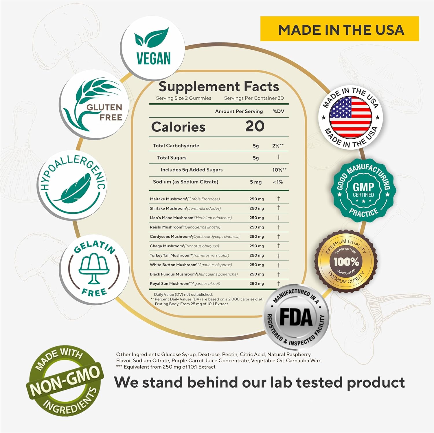 Organic Mushroom Supplement Gummies - Immunity Boost & Energy Support - 10 Mushroom Blend - 60 Gummies - USA Made