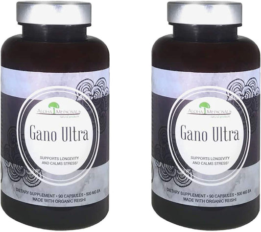 Organic Mushroom Supplement Pack of 2 - Aloha Medicinals Gano Ultra, Natural Health Support, 90 Capsules Each