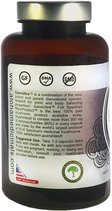 Organic Mushroom Supplement Pack of 2 - Aloha Medicinals Gano Ultra, Natural Health Support, 90 Capsules Each