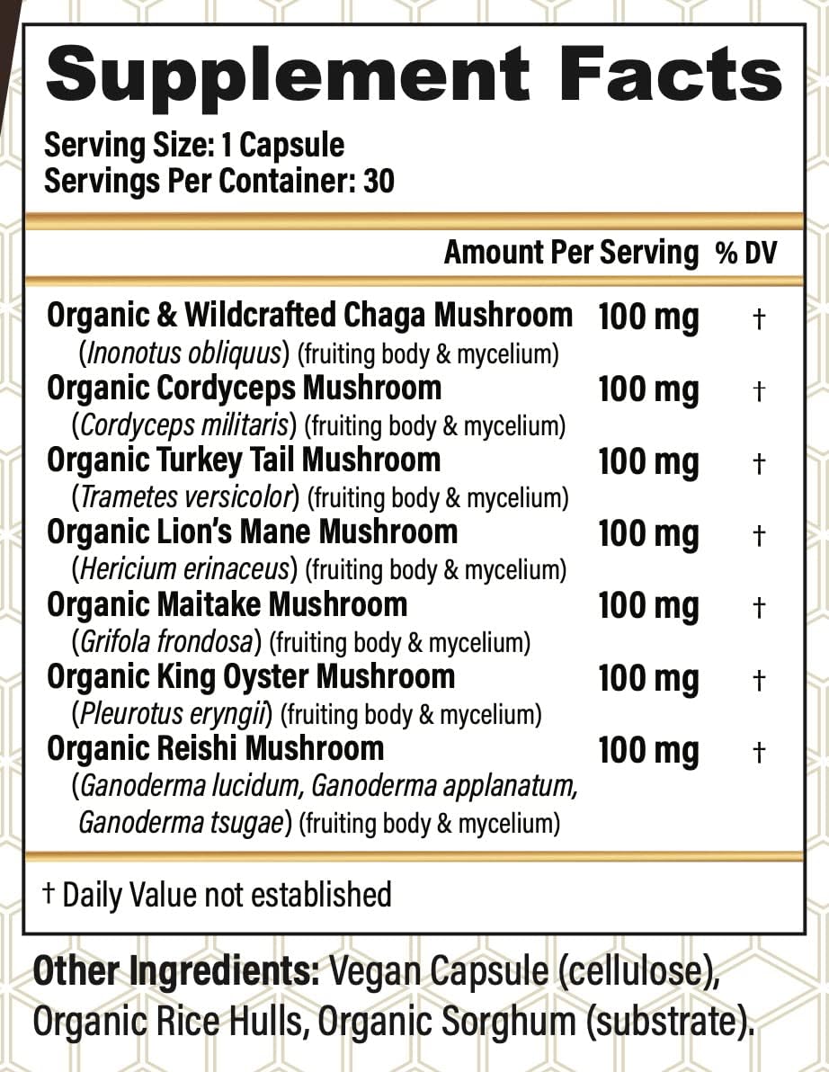 Organic Mushroom Supplement with Cordyceps, Reishi, Lion's Mane, and More - 30 Vegan Capsules