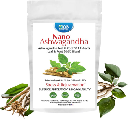 Organic Nano Ashwagandha Leaf & Root Powder - 8 oz (227 Servings) - 10:1 Extract - Supports Adrenal Function - Stress Relief - Non-GMO - Vegan - Gluten-Free