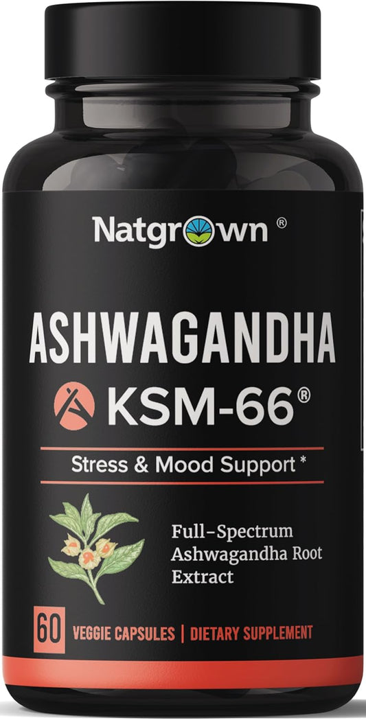 Organic Natgrown Ashwagandha KSM 66 Root Extract Capsules 600mg with Black Pepper - Vegan Supplement for Superior Absorption - 60 Count