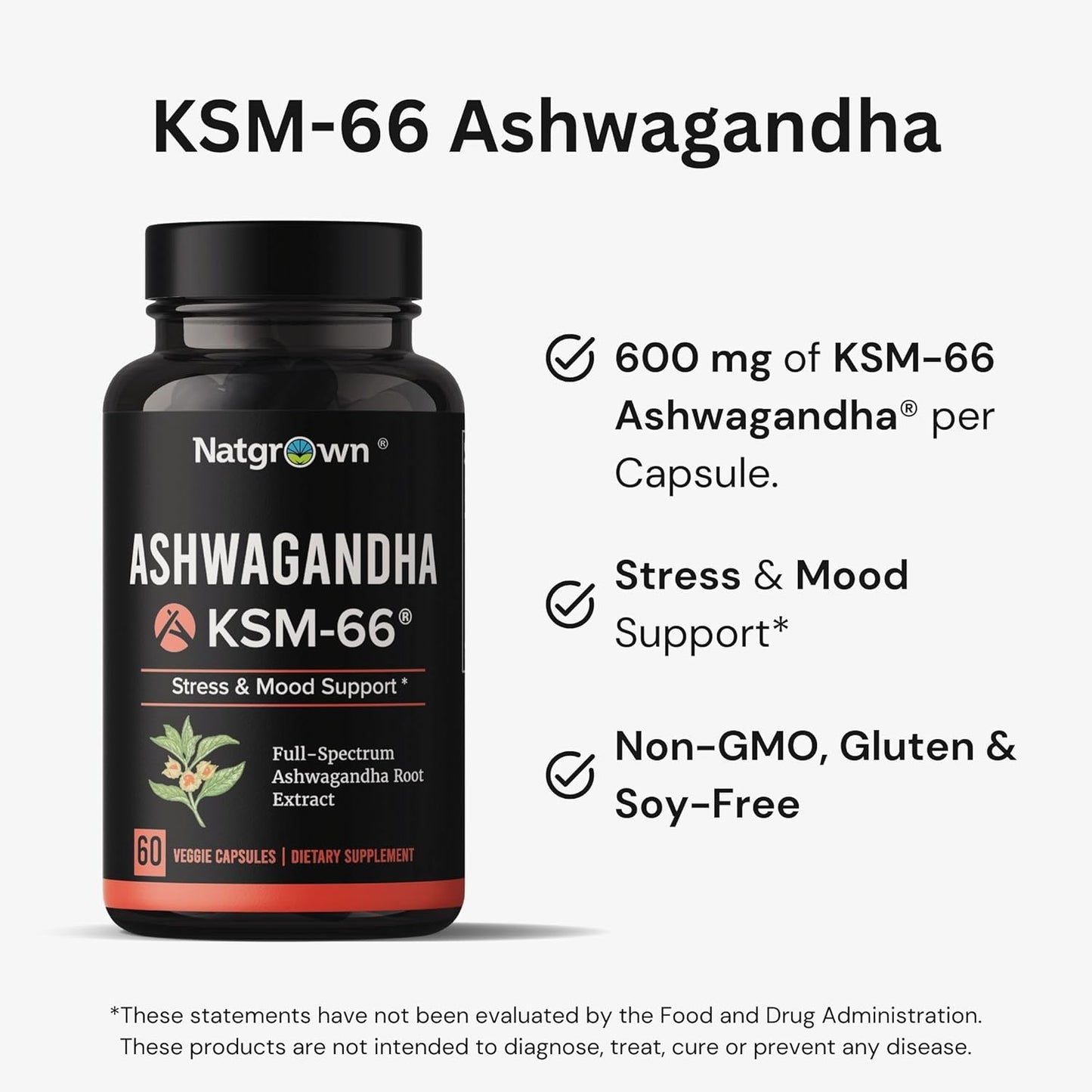 Organic Natgrown Ashwagandha KSM 66 Root Extract Capsules 600mg with Black Pepper - Vegan Supplement for Superior Absorption - 60 Count