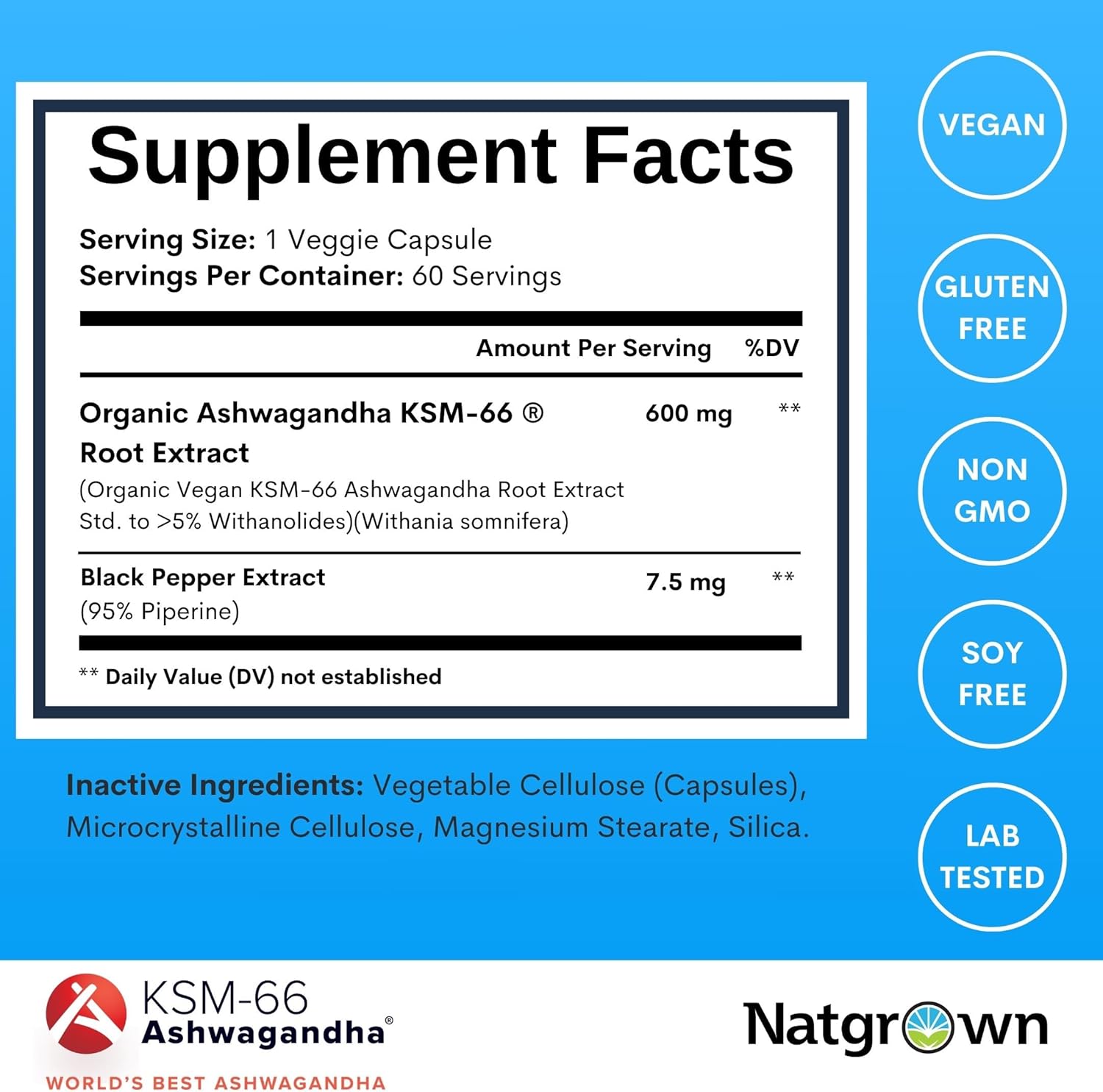 Organic Natgrown Ashwagandha KSM 66 Root Extract Capsules 600mg with Black Pepper - Vegan Supplement for Superior Absorption - 60 Count
