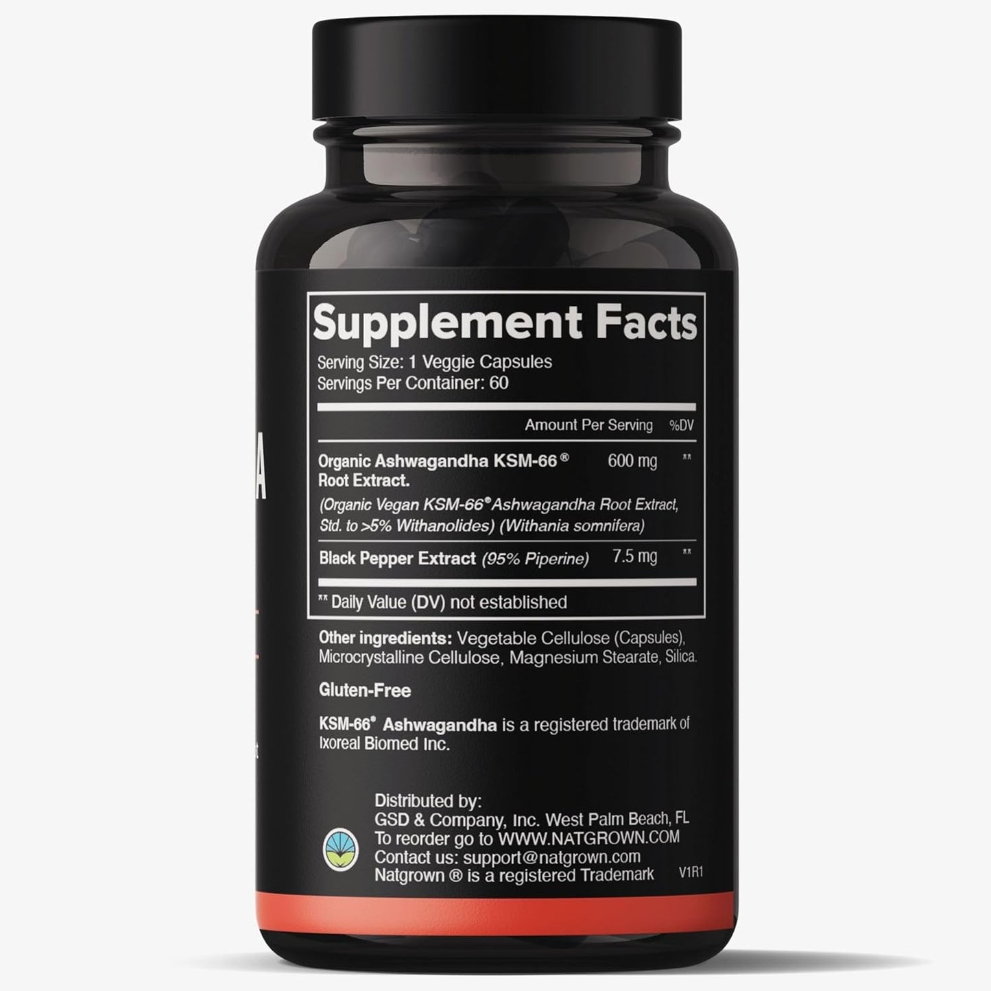 Organic Natgrown Ashwagandha KSM 66 Root Extract Capsules 600mg with Black Pepper - Vegan Supplement for Superior Absorption - 60 Count