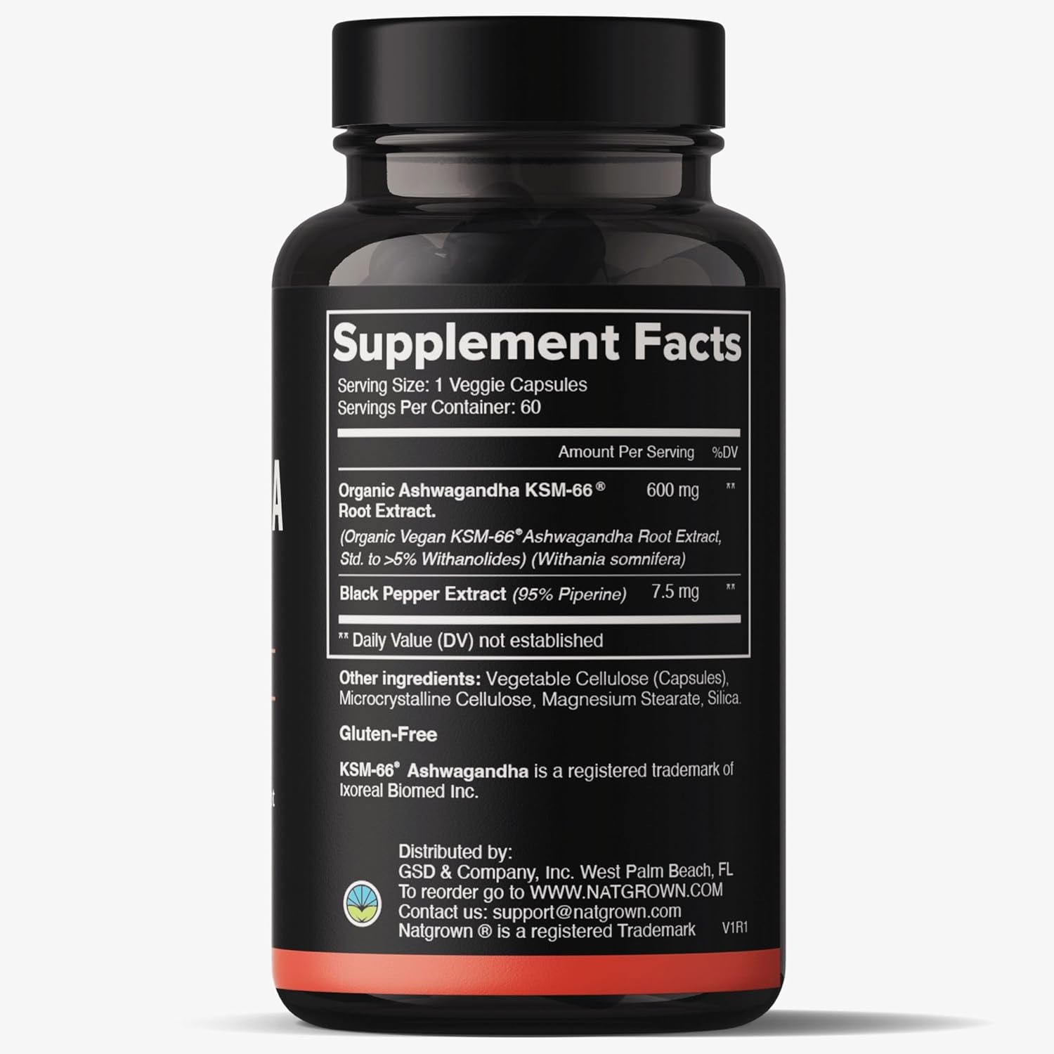 Organic Natgrown Ashwagandha KSM 66 Root Extract Capsules 600mg with Black Pepper - Vegan Supplement for Superior Absorption - 60 Count
