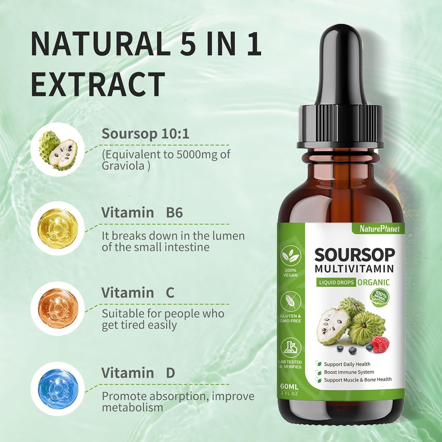 Organic NaturePlanet Soursop Bitters Liquid Drops with Vitamin B6, C, D3 - Gut Detox & Immune Boost - 4 Fl Oz