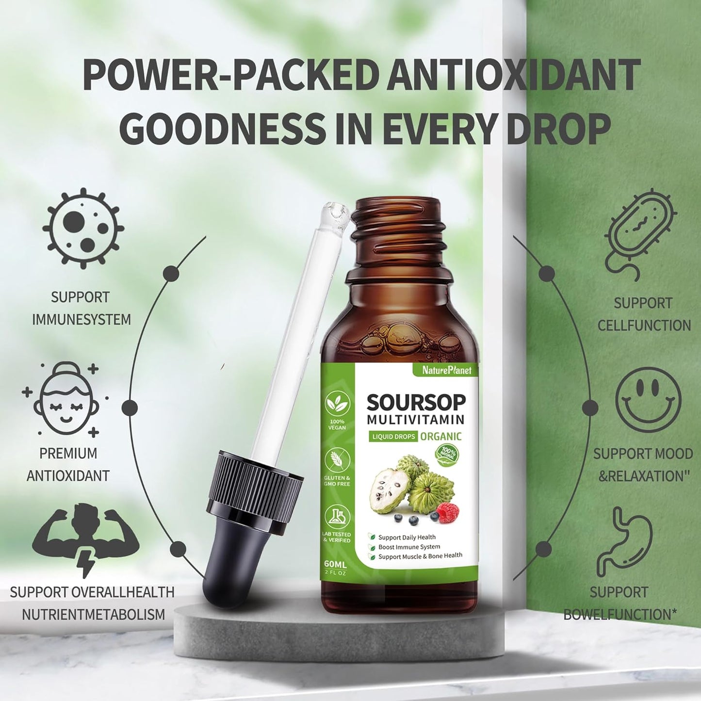 Organic NaturePlanet Soursop Bitters Liquid Drops with Vitamin B6, C, D3 - Gut Detox & Immune Boost - 4 Fl Oz
