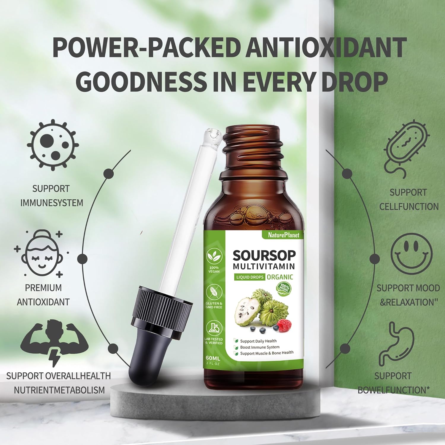 Organic NaturePlanet Soursop Bitters Liquid Drops with Vitamin B6, C, D3 - Gut Detox & Immune Boost - 4 Fl Oz