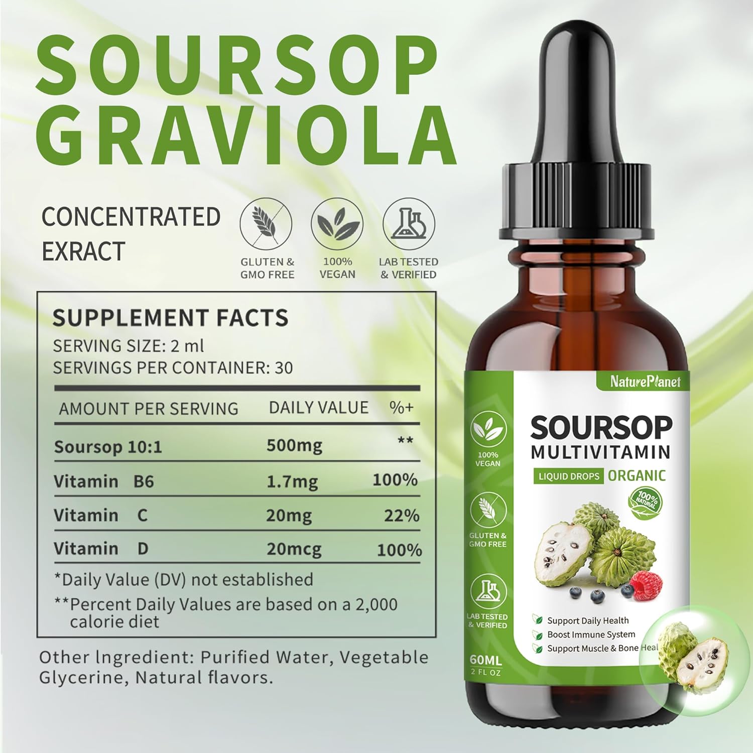 Organic NaturePlanet Soursop Bitters Liquid Drops with Vitamin B6, C, D3 - Gut Detox & Immune Boost - 4 Fl Oz