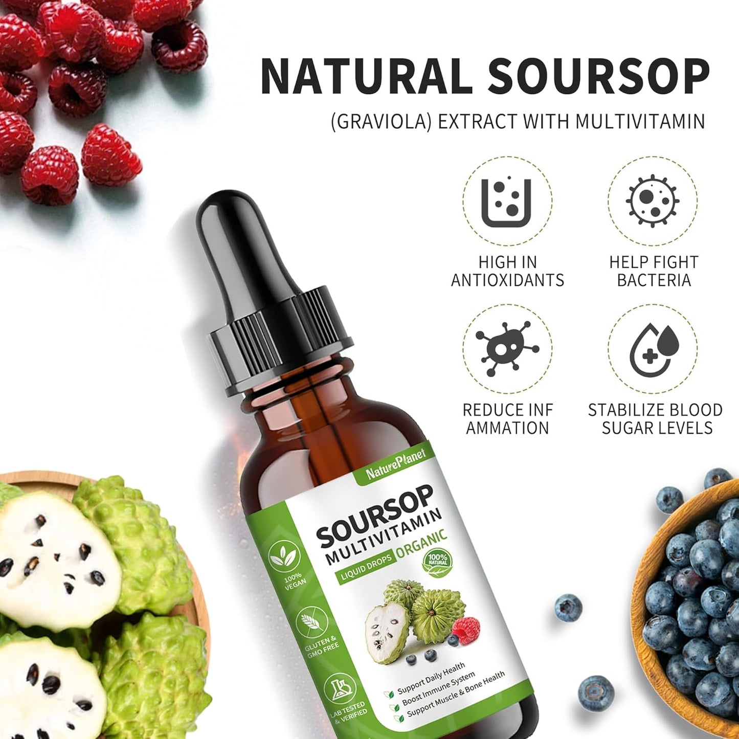 Organic NaturePlanet Soursop Bitters Liquid Drops with Vitamin B6, C, D3 - Gut Detox & Immune Boost - 4 Fl Oz