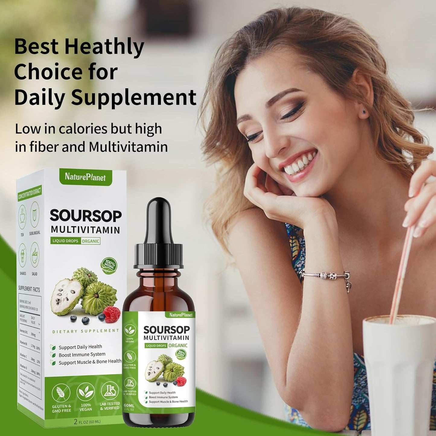 Organic NaturePlanet Soursop Bitters Liquid Drops with Vitamin B6, C, D3 - Gut Detox & Immune Boost - 4 Fl Oz