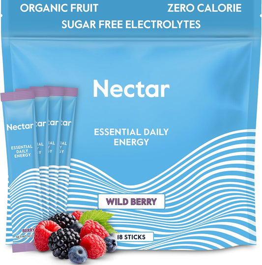 Organic Nectar Energy Booster with Caffeine, B12, and Electrolytes - Sugar-Free & Zero Calorie Berry Powder Packets - Healthy Coffee & Energy Drink Alternative - Hydration & Energy Supplement