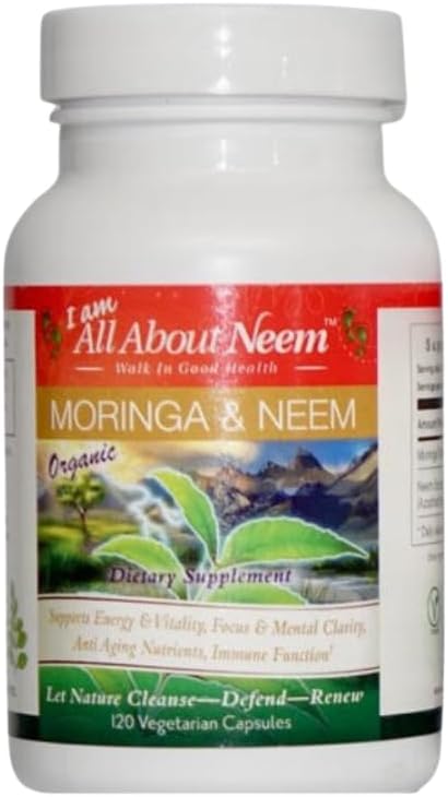 Organic Neem Moringa and Neem Leaf Capsules - 120 Count, 400 mg and 500 mg, Freshly Sourced