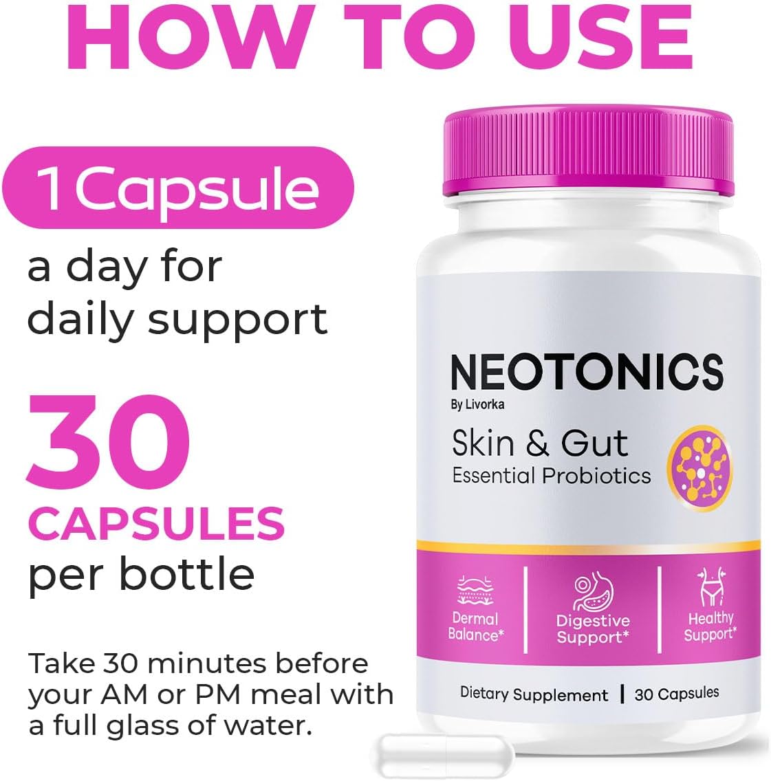 Organic Neotonics Skin & Gut Essential Probiotics - 3 Month Supply - 90 Capsules - Reviews & Care