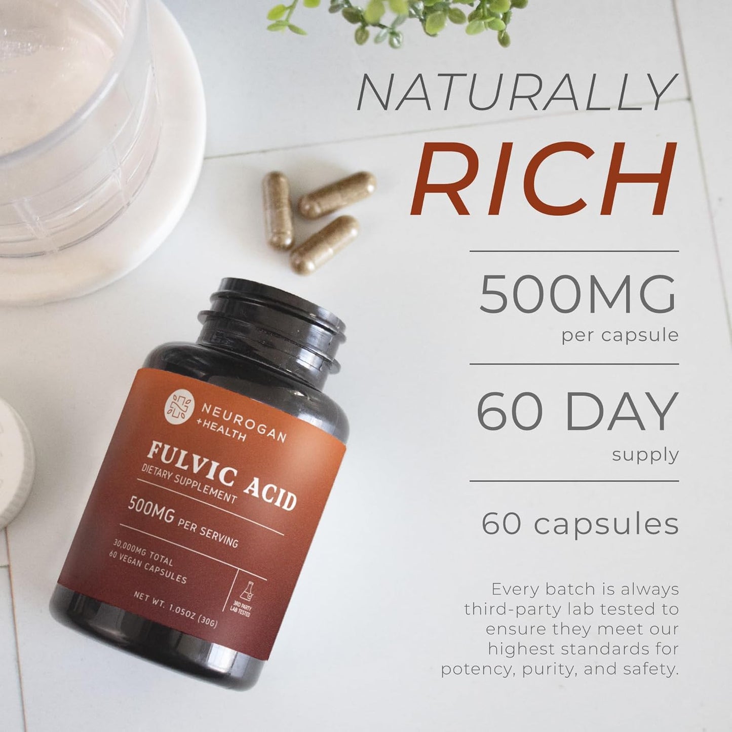 Organic Neurogan Fulvic Acid Capsules for Digestive & Immune Support | Boost Cellular Energy & Brain Function | Natural Mineral Complex from Shilajit | 500mg - 60 Count
