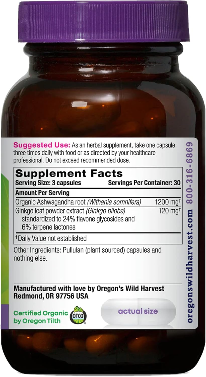 Organic Non-GMO Ashwagandha Ginkgo Capsules for Calm Mind - 90 Count