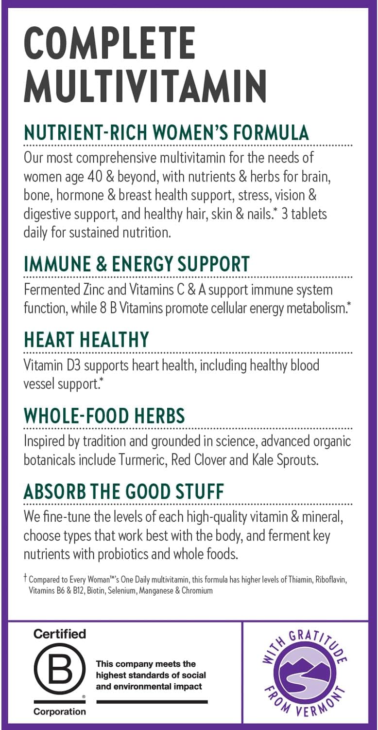 Organic Non-GMO Women's Multivitamin 40+ with Whole-Food B Vitamins + D3, 96 Count