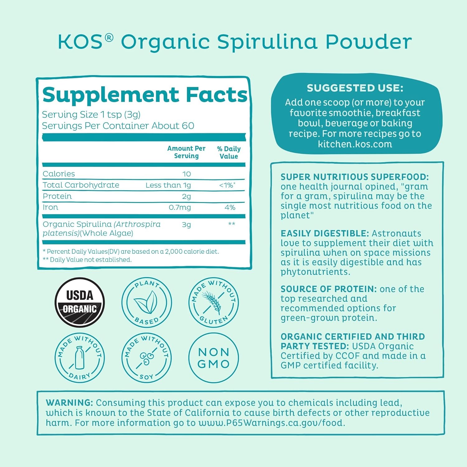 Organic Non-Irradiated Spirulina Powder - Vegan Superfood Rich in Protein, Vitamins, Antioxidants - 60 Servings