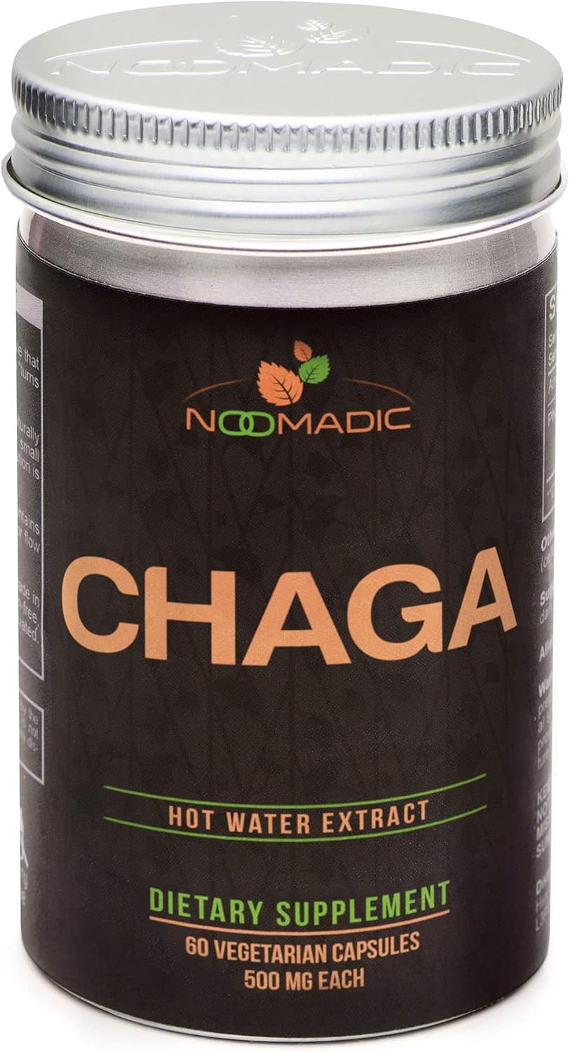 Organic Noomadic Chaga Mushroom Capsules - 60 Count, 500mg, Immune Support, Antioxidant, 30% Beta-D-Glucans, Hot Water Extract