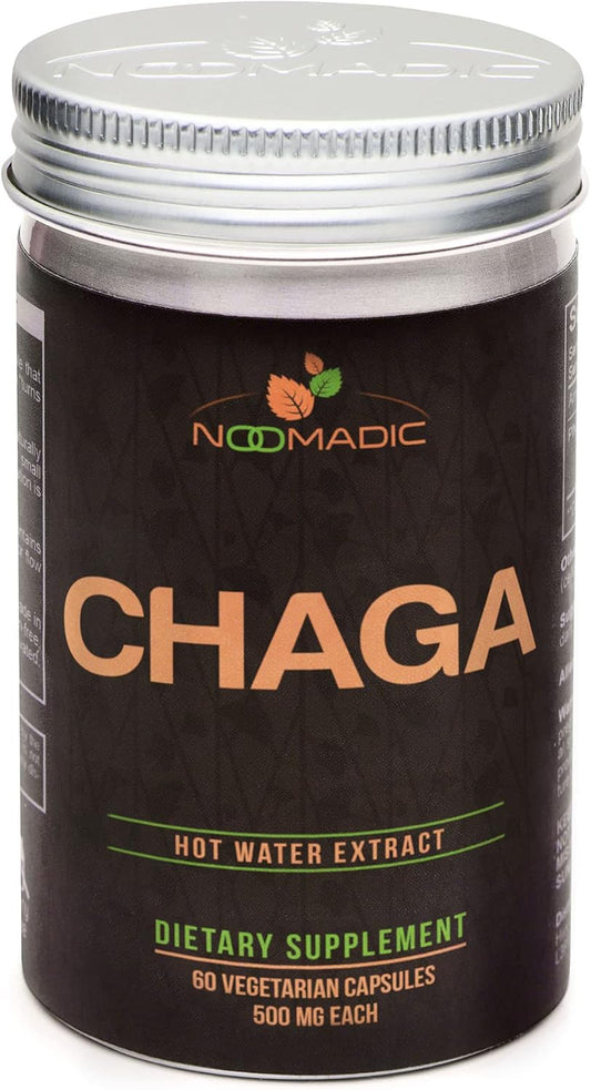 Organic Noomadic Chaga Mushroom Capsules - 60 Count, 500mg, Immune Support, Antioxidant, 30% Beta-D-Glucans, Hot Water Extract