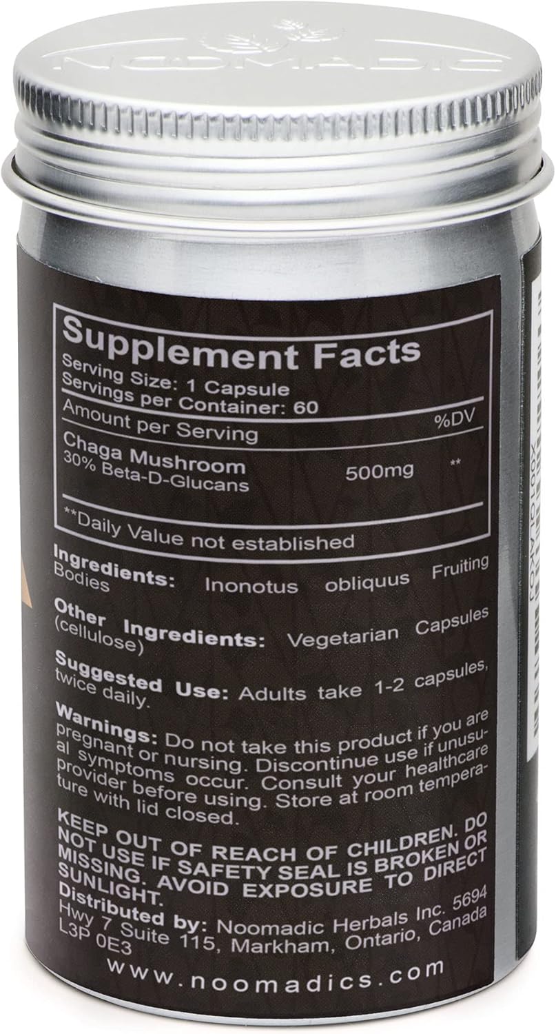 Organic Noomadic Chaga Mushroom Capsules - 60 Count, 500mg, Immune Support, Antioxidant, 30% Beta-D-Glucans, Hot Water Extract