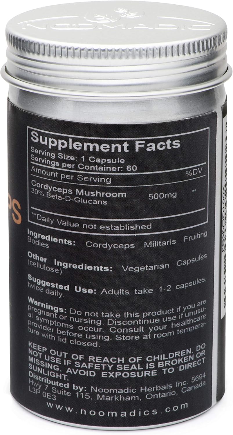 Organic Noomadic Cordyceps Mushroom Capsules - AMPK Activator, 500mg, Hot Water Extract, Wood Grown, 30% Beta-D-Glucans - Yartsa Gunbu