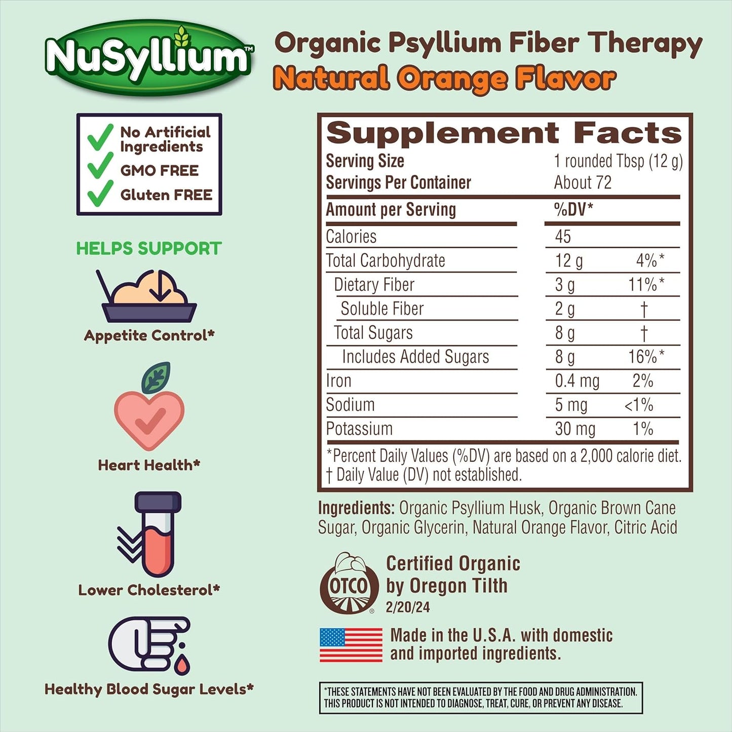 Organic NuSyllium Psyllium Husk Powder with Brown Sugar for Digestive Health - 30.5 Oz, 72 Servings, Natural Orange Flavor