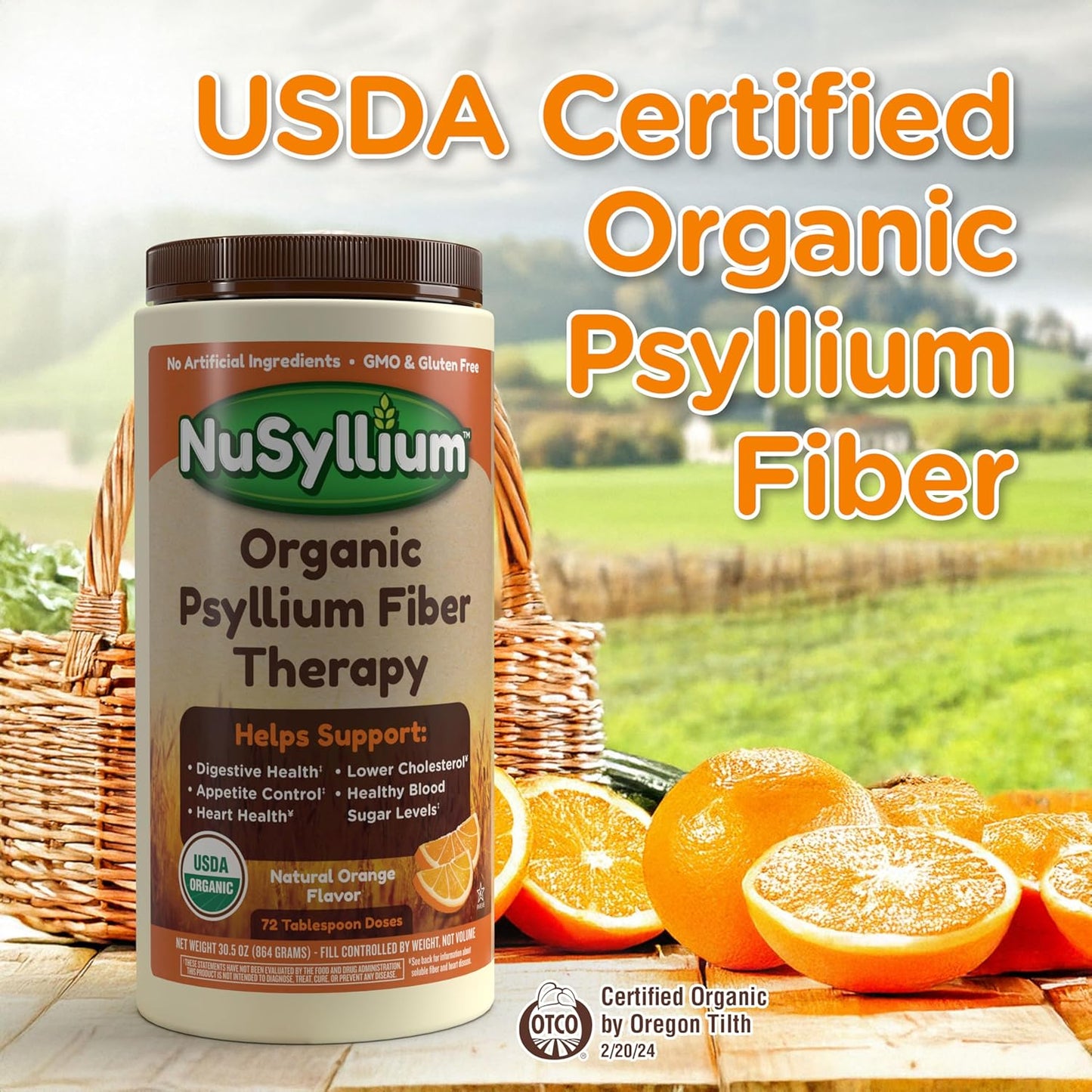 Organic NuSyllium Psyllium Husk Powder with Brown Sugar for Digestive Health - 30.5 Oz, 72 Servings, Natural Orange Flavor