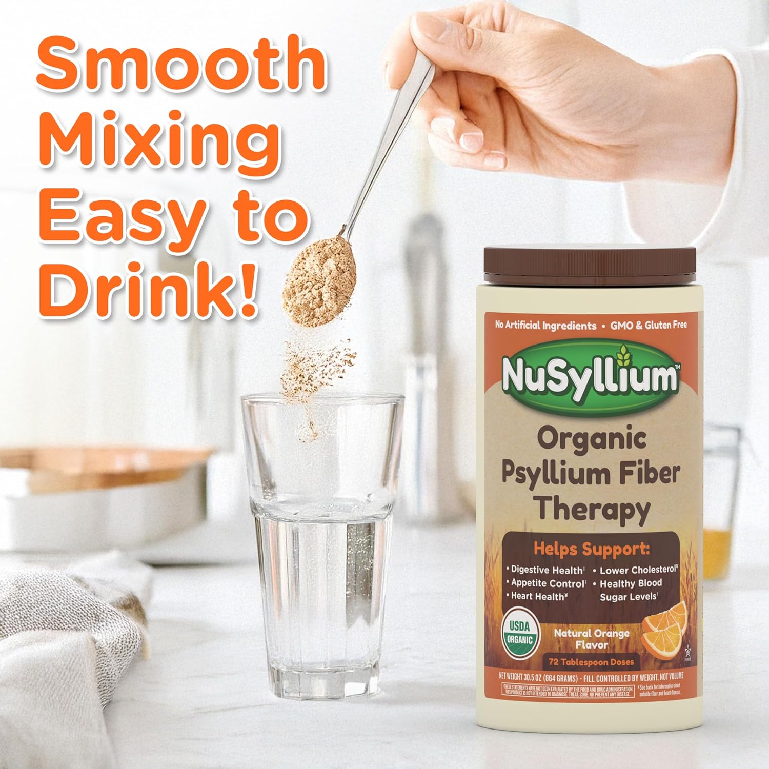 Organic NuSyllium Psyllium Husk Powder with Brown Sugar for Digestive Health - 30.5 Oz, 72 Servings, Natural Orange Flavor