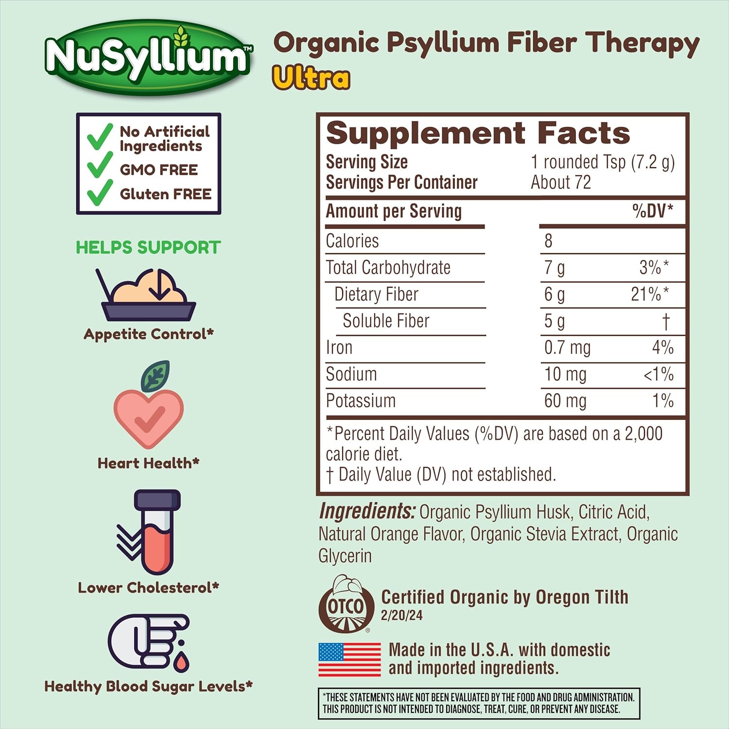 Organic NuSyllium Ultra Psyllium Husk Powder - 10.7 Oz, Sugar-Free Fiber Supplement for Digestive Health - Orange Flavor, 42 Servings