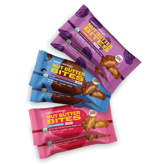 Organic Nut Butter Bites Protein Bar Variety Pack - Chocolate, Apple Cinnamon, Oatmeal Raisin - Vegan Snack with Peanut Butter - No Added Sugar - Plant Based - 6 Value Packs - USDA Certified