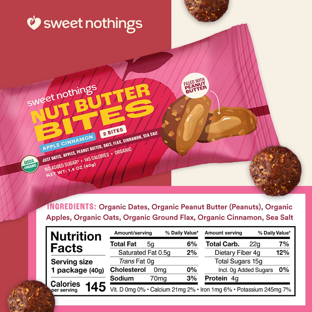 Organic Nut Butter Bites Protein Bar Variety Pack - Chocolate, Apple Cinnamon, Oatmeal Raisin - Vegan Snack with Peanut Butter - No Added Sugar - Plant Based - 6 Value Packs - USDA Certified