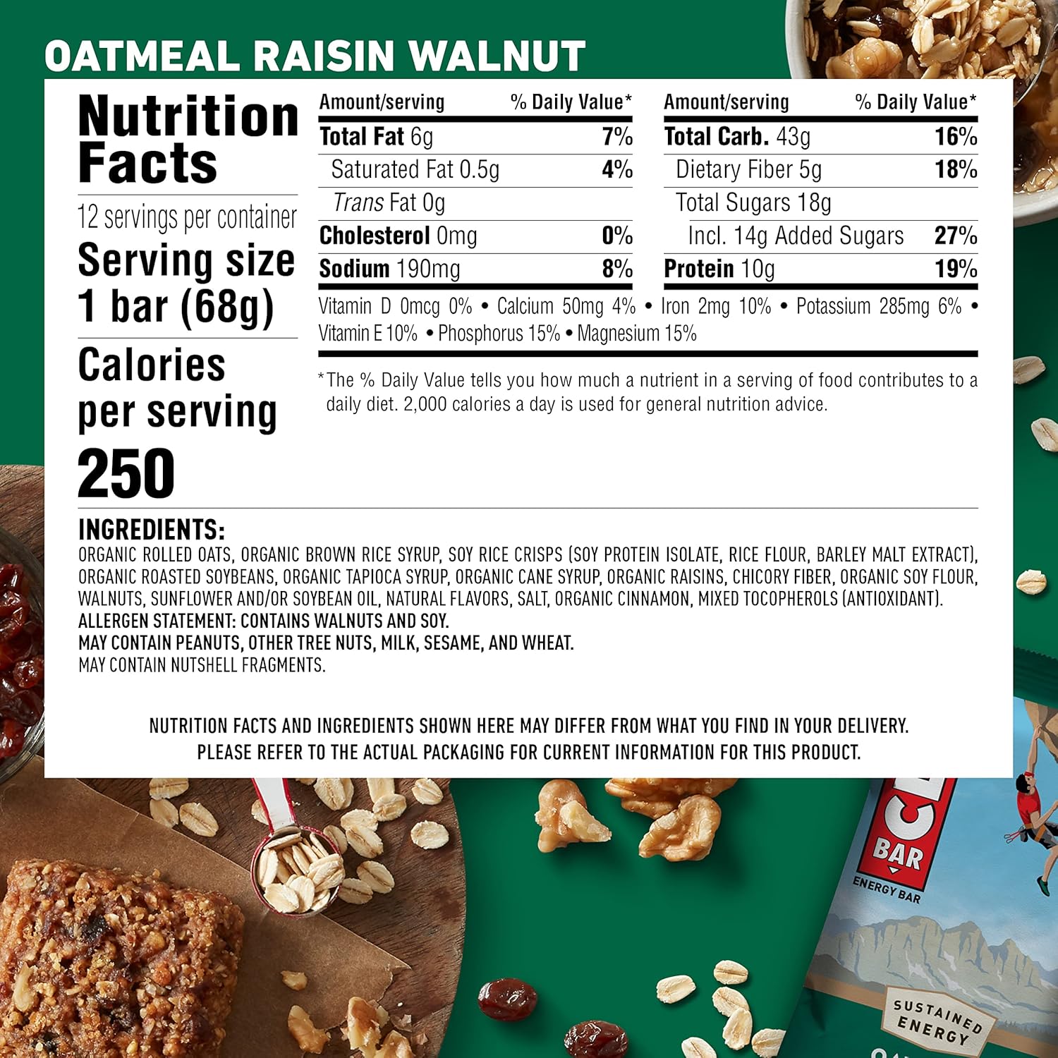Organic Oatmeal Raisin Walnut Energy Bars - Plant Based & Vegetarian - Kosher - 2.4 oz Protein Bars (12 pack)