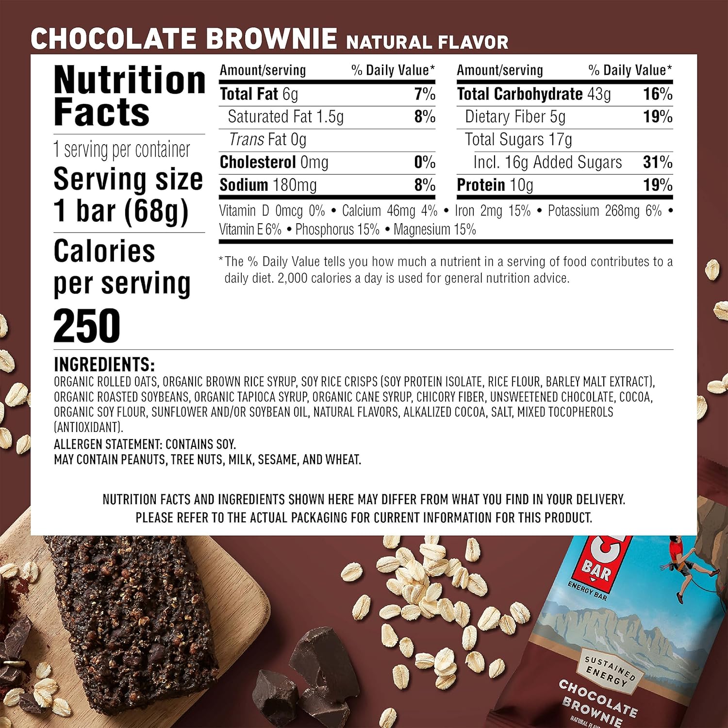 Organic Oats Chocolate Brownie Energy Bars - Non-GMO Plant Based Protein (15 Pack)