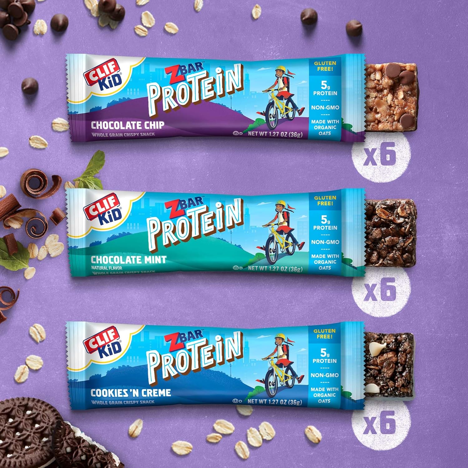 Organic Oats Protein Bars Variety Pack - Chocolate Chip, Chocolate Mint, Cookies 'n Creme - Gluten Free, Non-GMO - 5g Protein - Crispy Snack Bars (18 Pack)