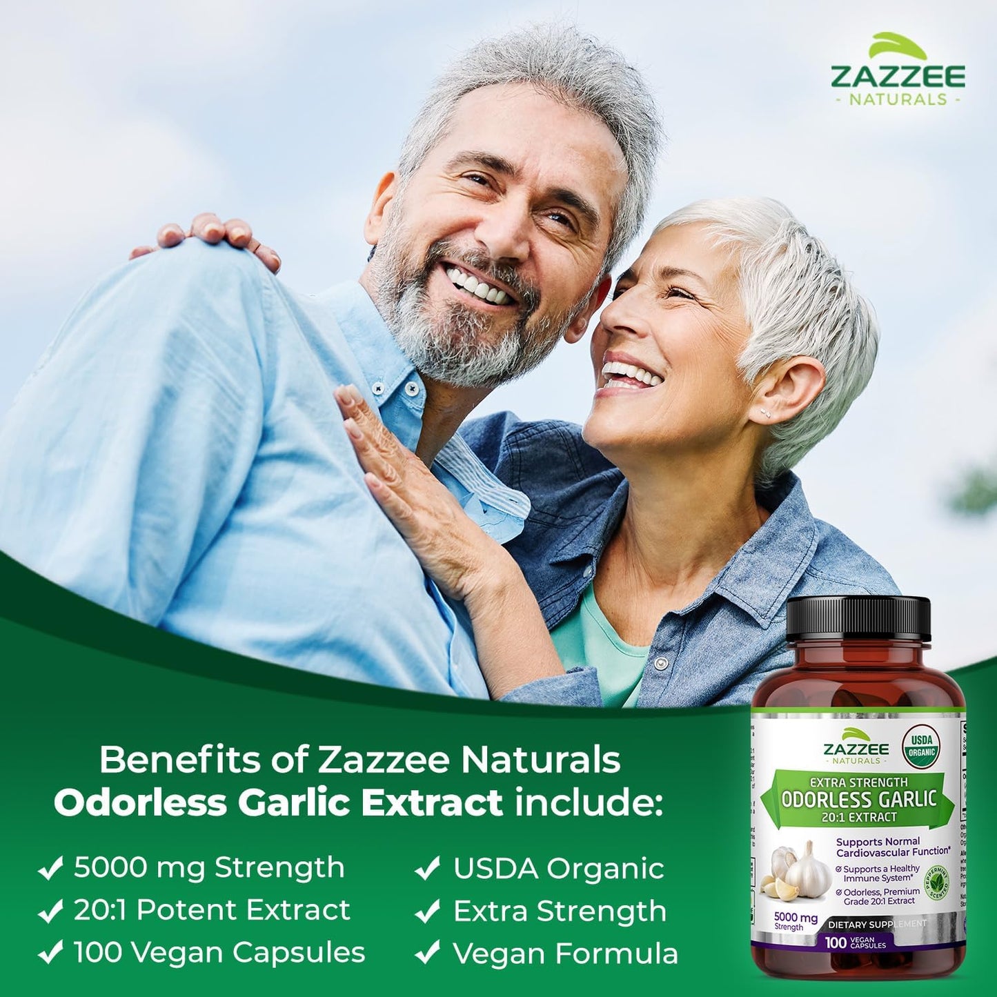 Organic Odorless Garlic Extract Capsules - 5000mg Strength, 100 Vegan Capsules, 3 Month Supply - Non-GMO, Vegetarian, Made in USA