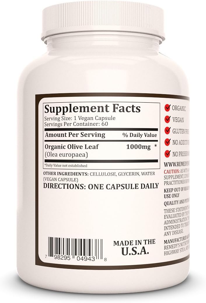 Organic Olive Leaf Extract Capsules | 1,000mg, 60 Vegan Pills | Herbal Dietary Supplement | Two Month Supply | Non-GMO, Gluten/Dairy Free