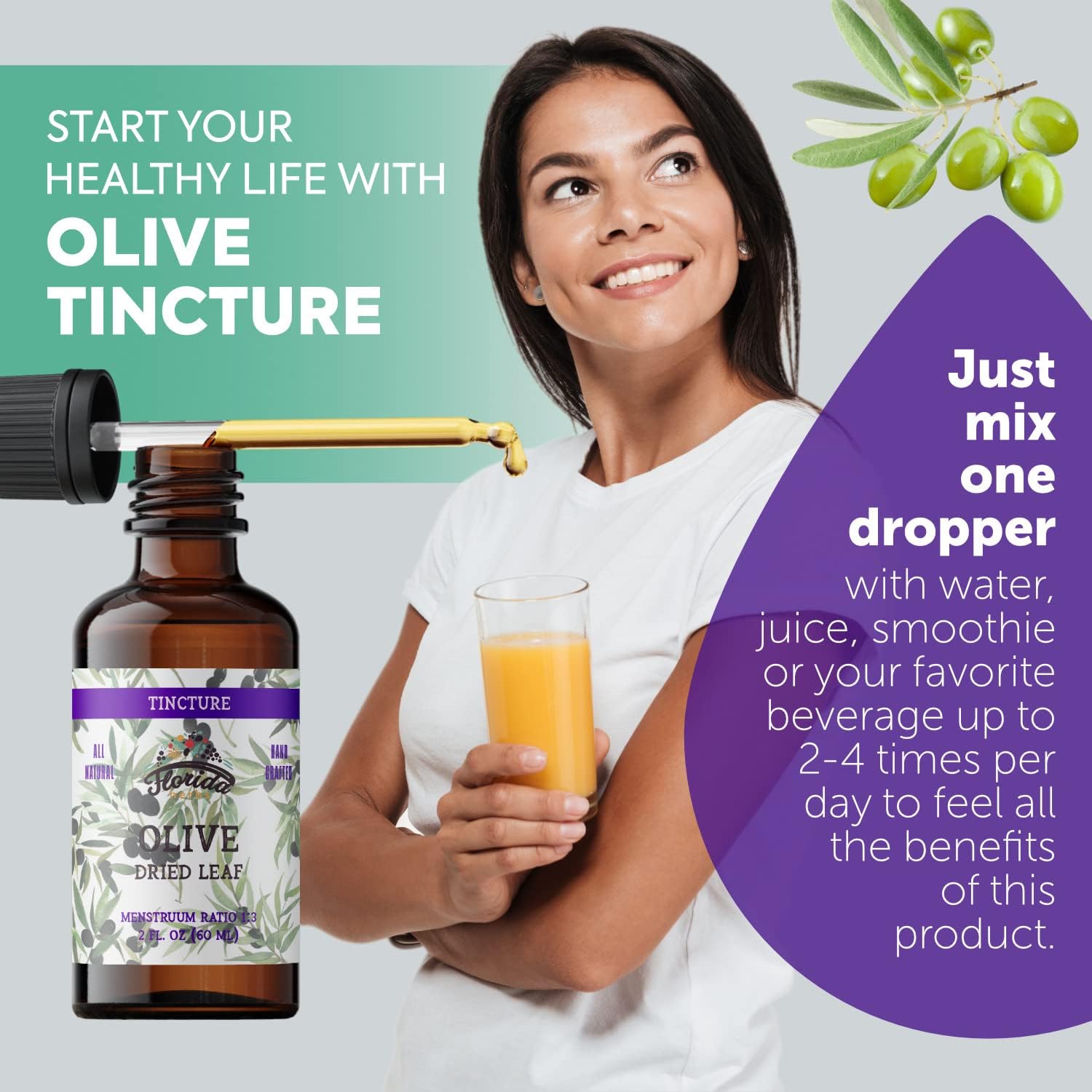 Organic Olive Leaf Tincture Liquid Herbal Supplement, Non-GMO, 700mg, 2oz - Florida Herbs