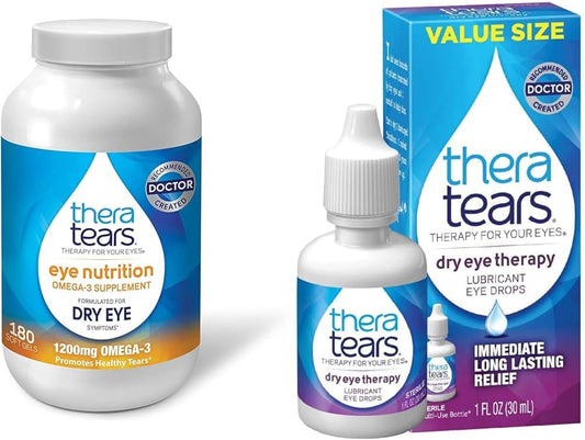 Organic Omega 3 Eye Supplement with Vitamin E, 180 Count & Dry Eye Therapy Drops - 1.0 Fl Oz